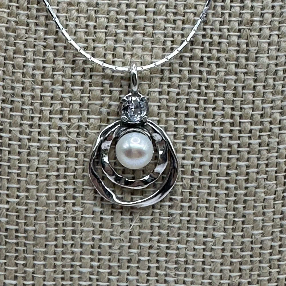 Sterling Silver Pearl & CZ Pendant Necklace